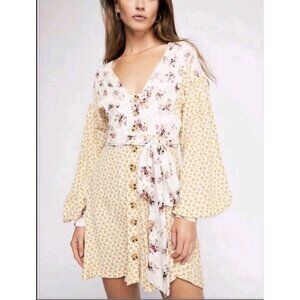 Free People Wonderland Ivory Floral Babydoll Button Up Belted Mini Dress Sz S